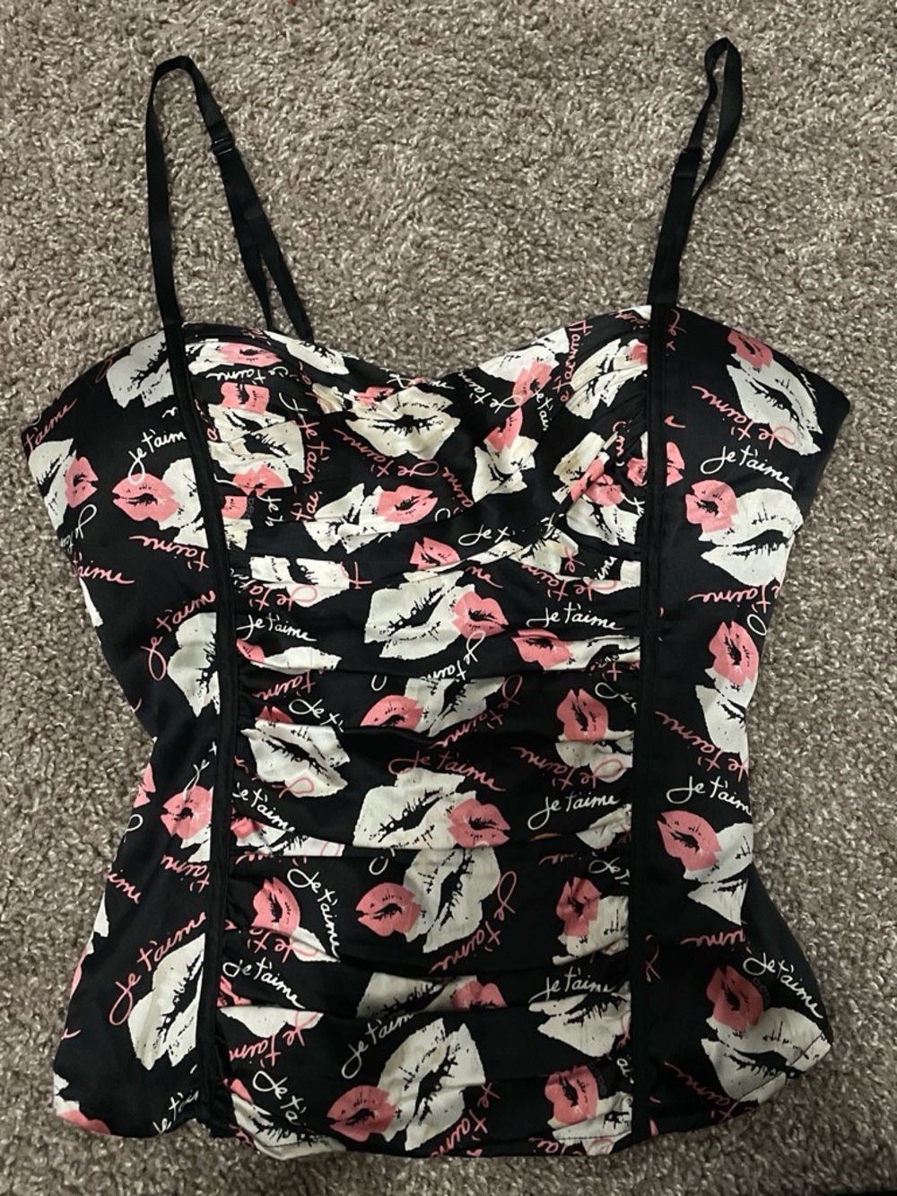 bebe Black Bustier Camisole with Pink & White Lip Print